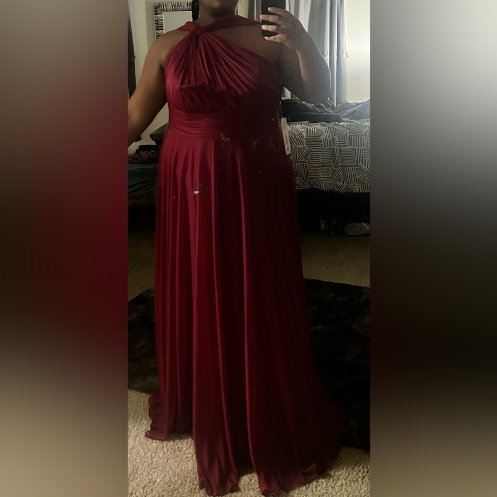 Burgundy A-Line One Shoulder Stretch Satin Dress